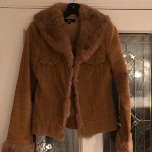 Corduroy jacket with sheared rabbit collar & cuff